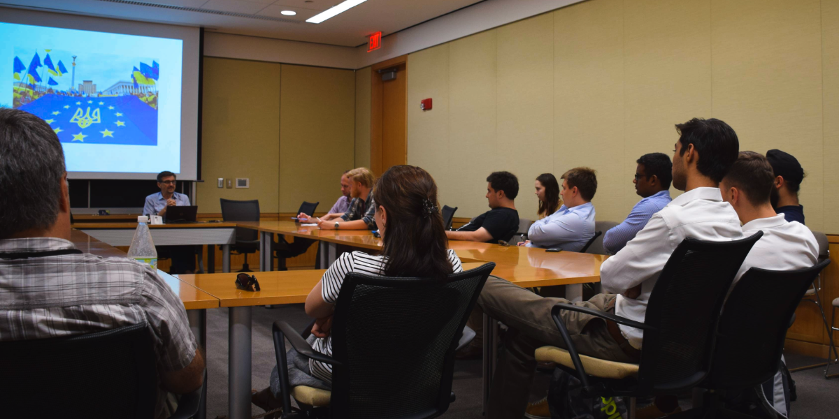 HUSI students listening to Serhii Plokhii speak in 2016