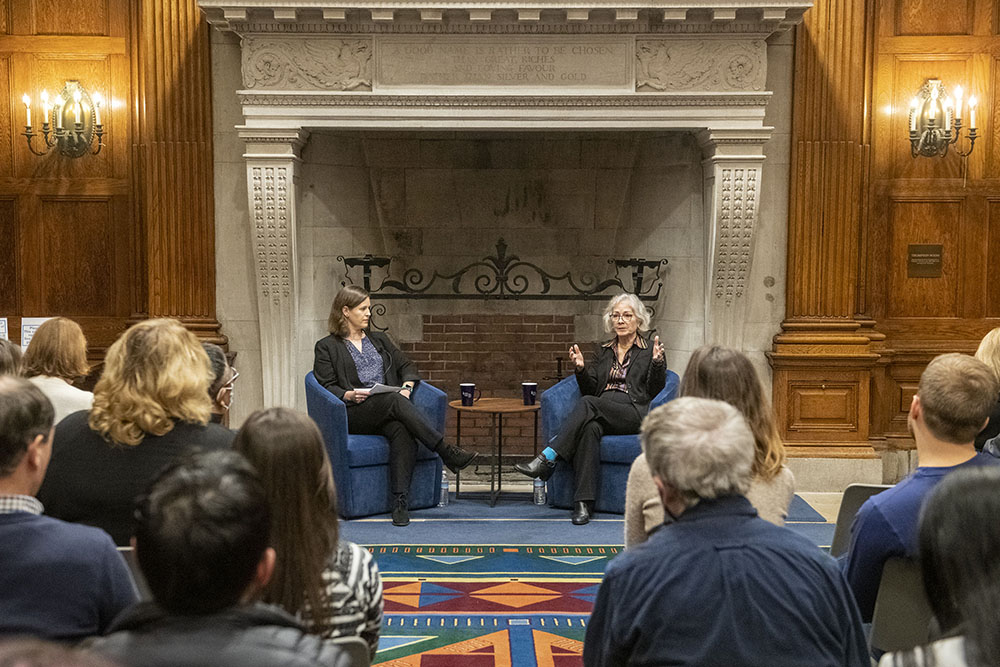 Marie Yovanovitch and Emily Channell-Justice speak in front of an audience