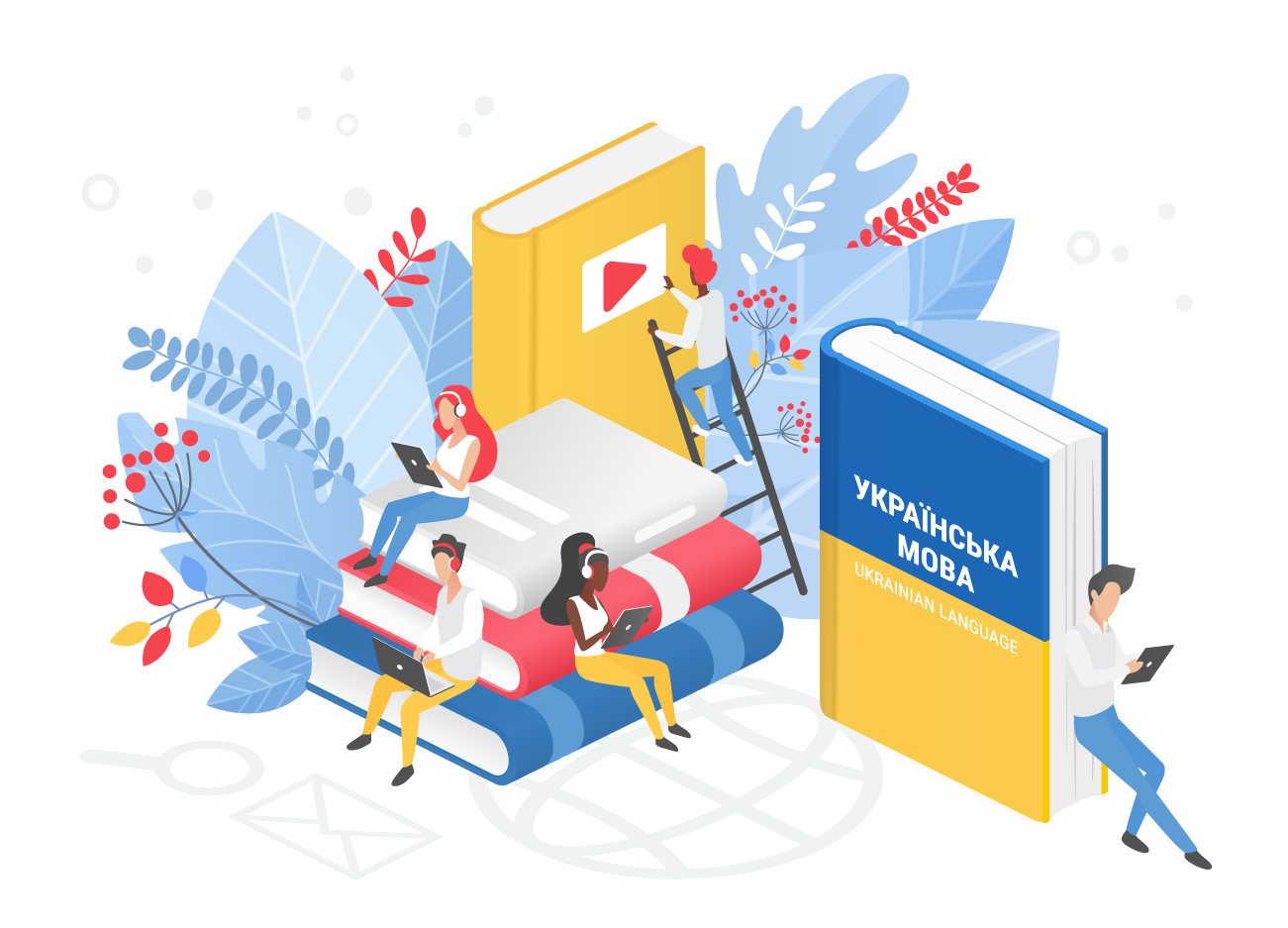 Illustration of students learning on devices, sitting on books