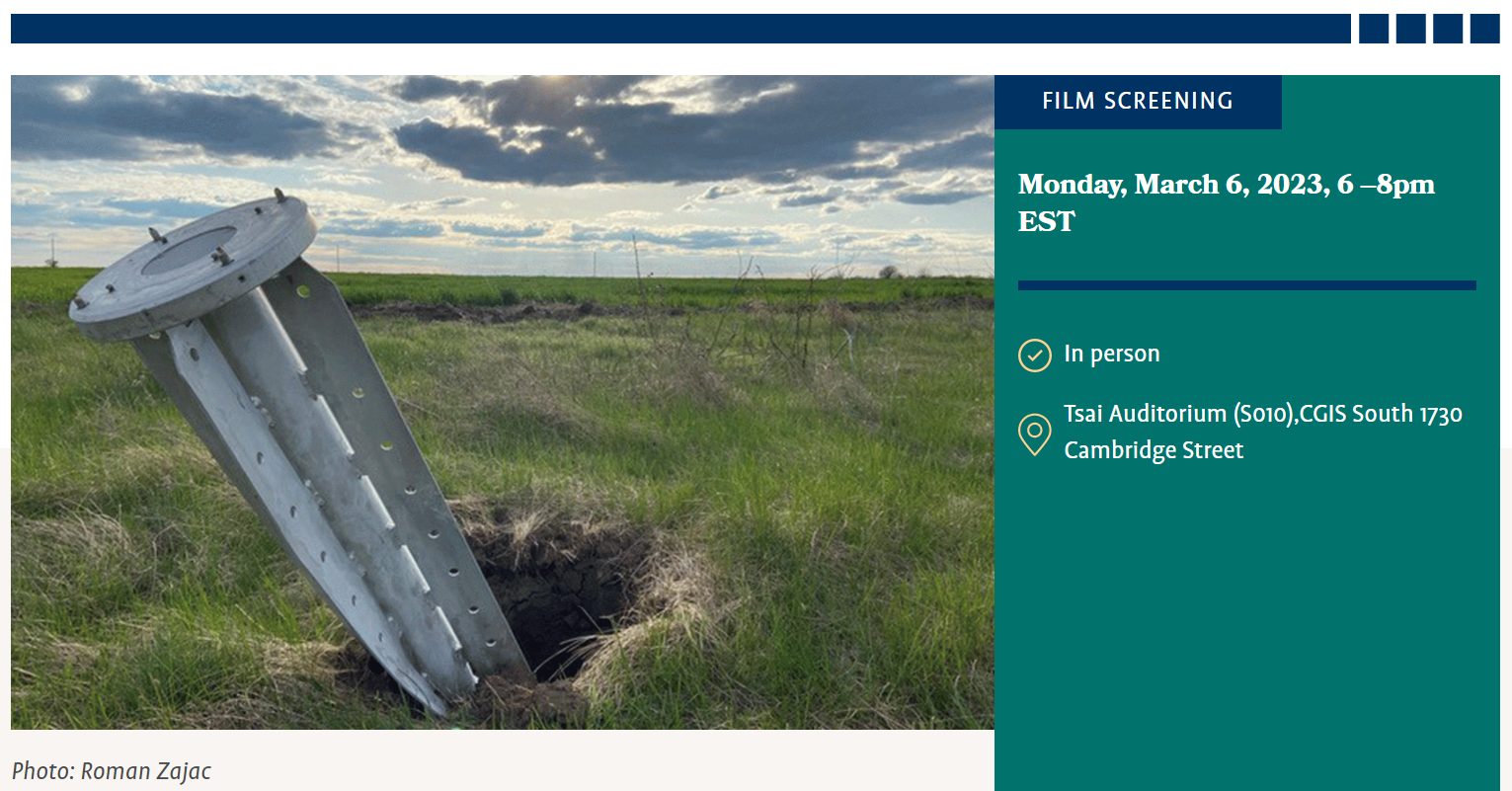 Film Screening and Discussion: Wounded Land poster showing missile in field