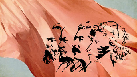 A collage showing portraits of Marx, Lenin, Stalin, and Pushkin in one row against a red background.