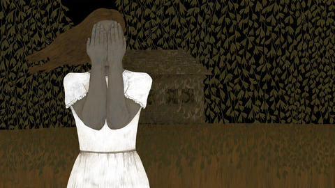 A young girl standing outside a house, covering her face with her hands.