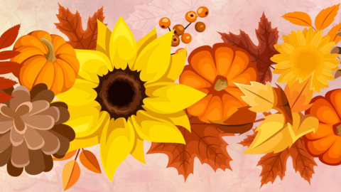 autumnal image with sunflower, pumpkins, and leaves