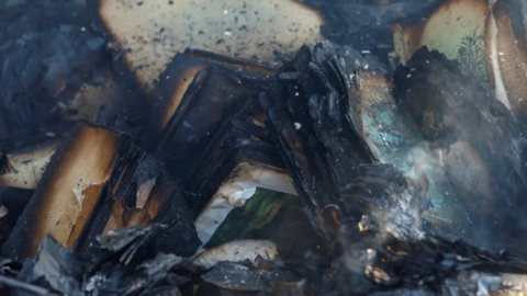 A closeup of burnt books
