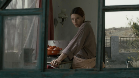 A still from the film "Klondike" of a woman in her kitchen as seen through a window