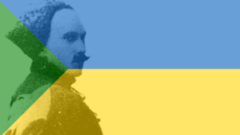Yurii "Mova" Hlushko image layered over Green Ukraine flag