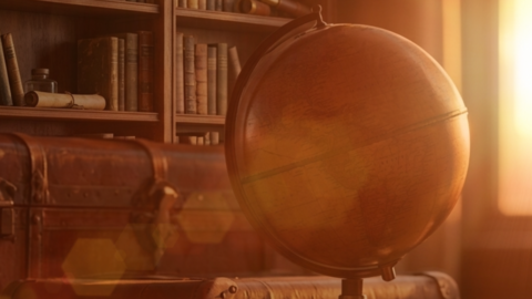 a globe with suitcases and a bookcase in the background
