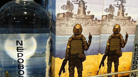 Illustration of a soldier showing the middle finger to Russian Warship