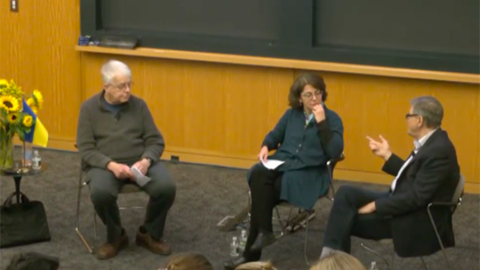Tim Colton, Alexandra Vacroux, and Serhii Plokhii speaking at event