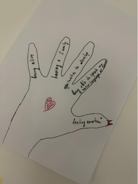 Hand turkey from Thanksgiving. Left to right: being alive; having a family; opportunities to develop; being able to speak my native language at school; feeling emotions