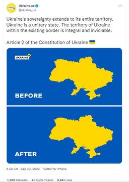 Tweet from Ukrainian government account showing two identical maps of Ukraine