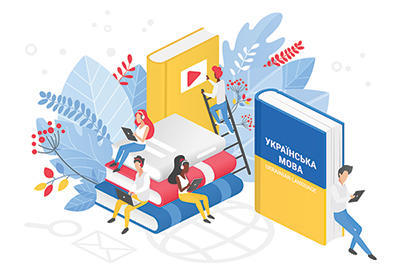 Illustration of students sitting on books and looking at devices