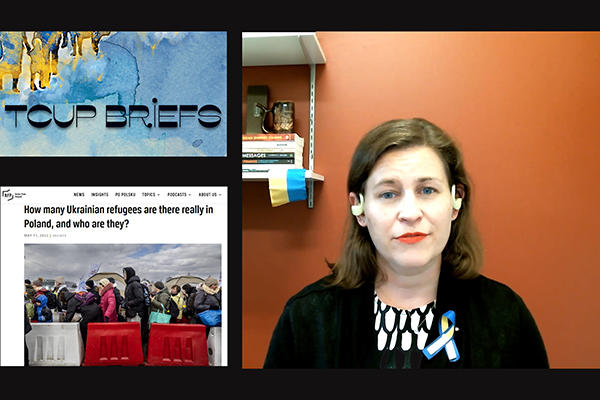 Screenshot of Brief 5 showing Emily Channell-Justice and article about Ukrainian refugees in Poland