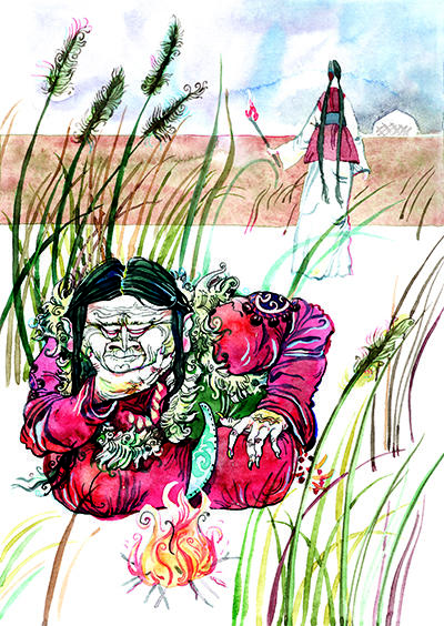 Zhalmauz Kempir. From Batyrlar Turaly Ertegiler. Almaty: Aruna Baspasy, 2015, 91. Artist T. Vishnyakova.
