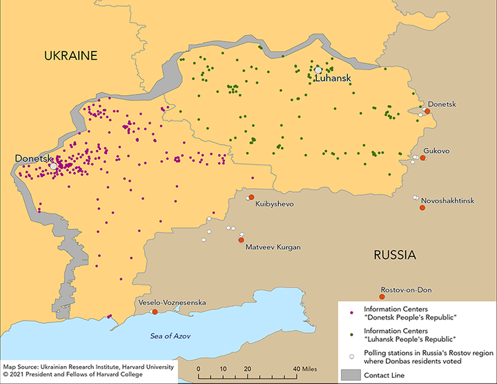 Map showing the location of Information Centers and Polling Stations in the Donbas and Russia's Rostov region.