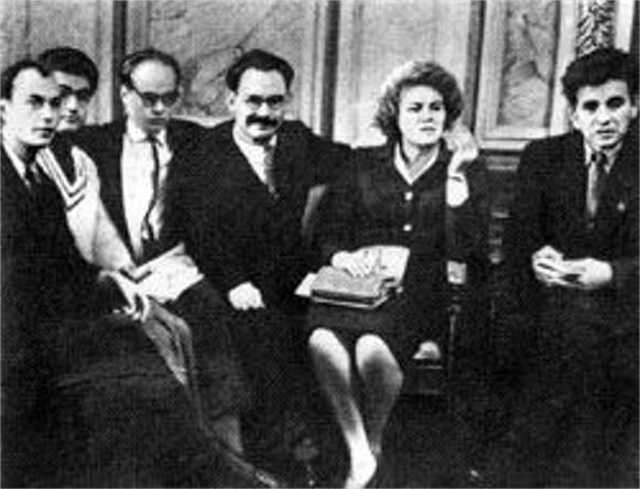 Shistdesiatnyky: Mykola Vinhranovsky, Ivan Dziuba, Ivan Drach, Ivan Svitlychny, Lina Kostenko, Yevhen Sverstiuk (October 1963)