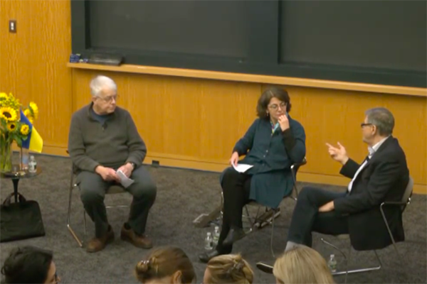 Tim Colton, Alexandra Vacroux, and Serhii Plokhii speaking at event