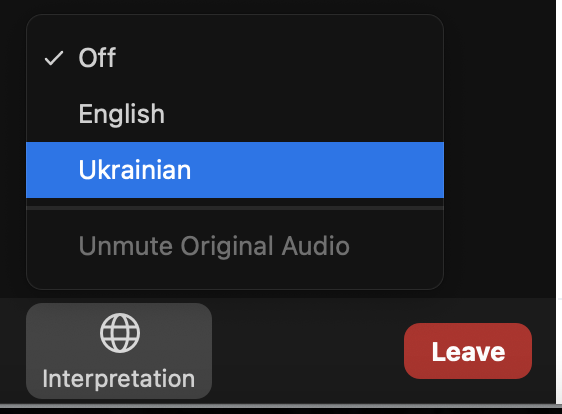 Screenshot of Ukrainian language option on Zoom