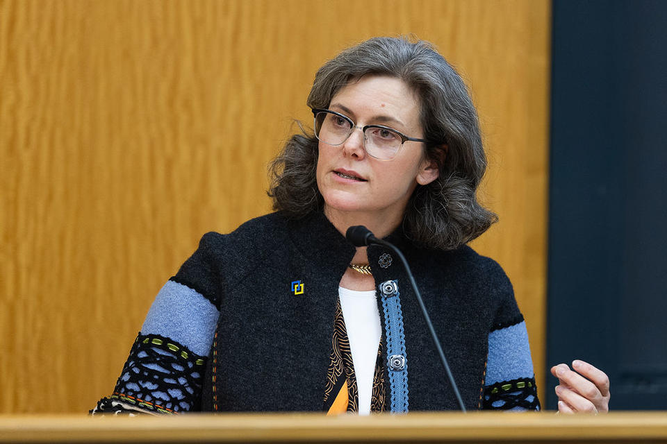 An image of Razom for Ukraine CEO Dora Chomiak delivering a Keynote Lecture for TCUP 2024.