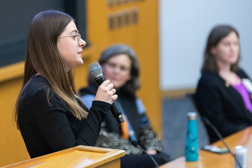 Valentina Sotnikova speaks about Ukrainian literature after Dora Chomiak's keynote lecture, at the 2024 TCUP Conference.