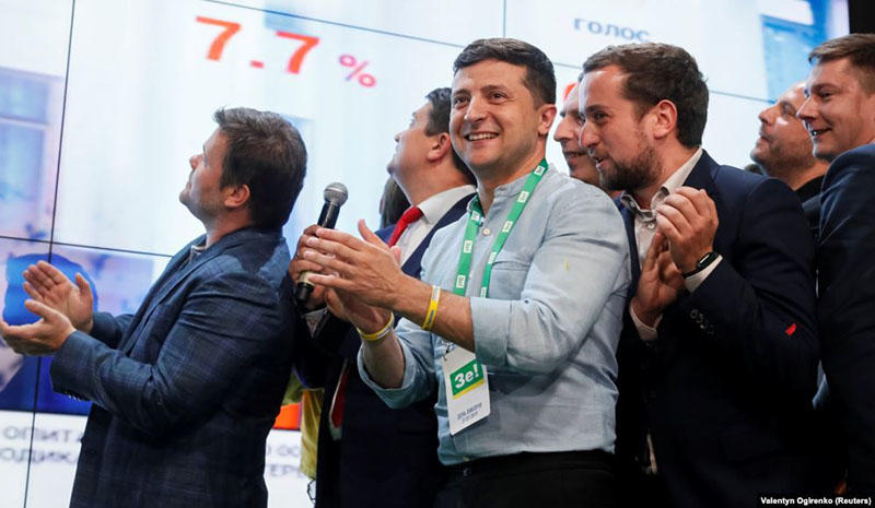 Zelensky at party headquarters - Photo credit: Reuters via RFERL