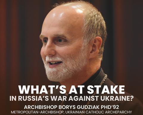 Archbishop Gudziak portrait on the poster advertising his talk at Harvard 