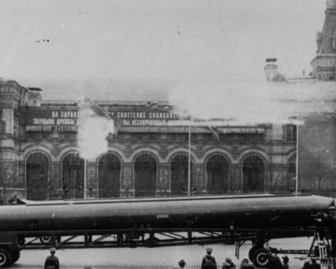 CIA photo of Soviet medium-range ballistic missile in Red Square, Moscow on May 1, 1965.
