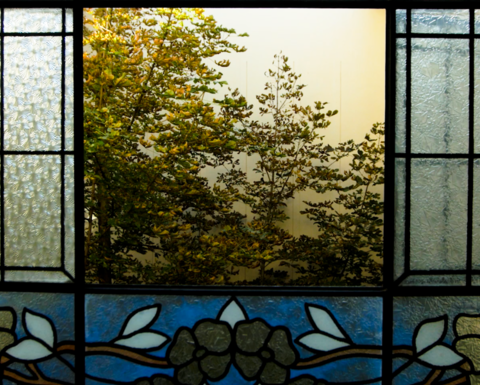 Stained-glass window decorated with flowers in Lviv, Ukraine 