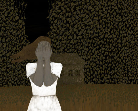 A young girl standing outside a house, covering her face with her hands.