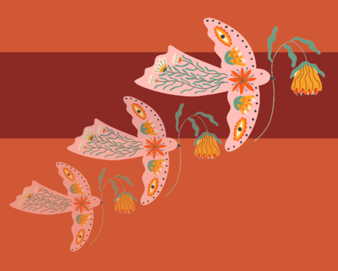 three birds on orange and red background