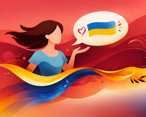 Woman with speech bubble containing Ukrainian flag
