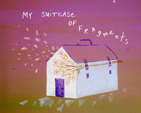 A painting of a suitcase that looks like a house