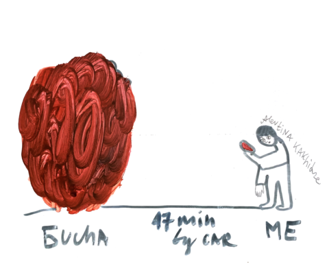 A drawing with a red dot and a person, signed by the artist