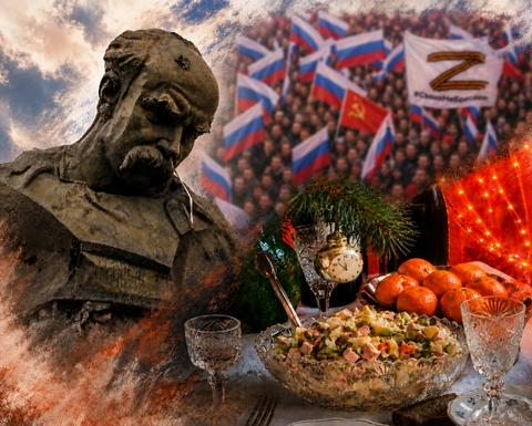 A collage featuring traditional Slavic symbols and a protesting crowd