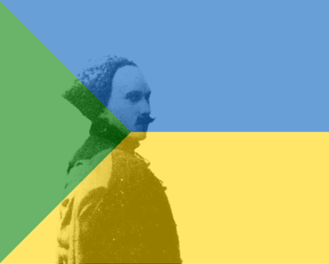 Yurii "Mova" Hlushko image layered over Green Ukraine flag