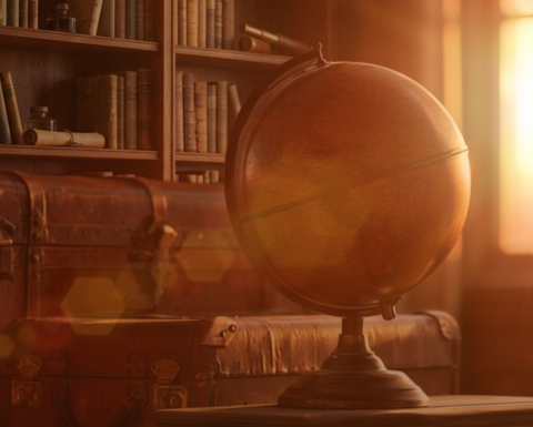 a globe with suitcases and a bookcase in the background