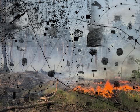 Forest fire with overlay of abstract symbols 